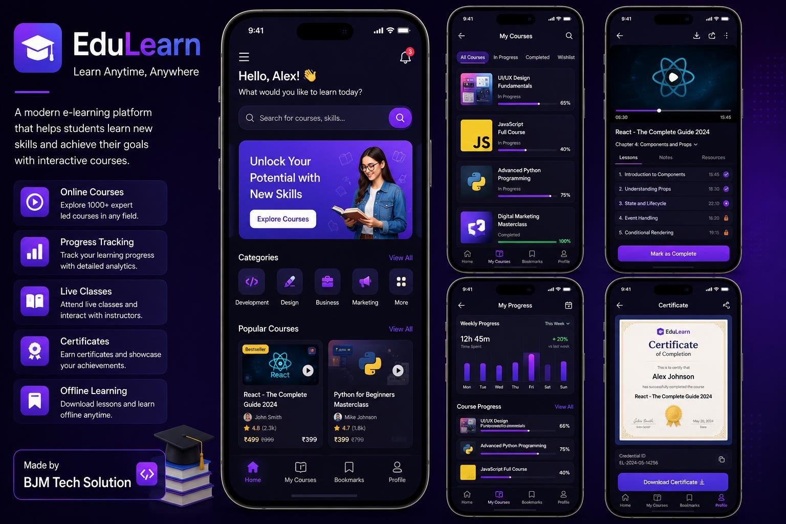 EduLearn e-learning mobile app courses and progress screenshot