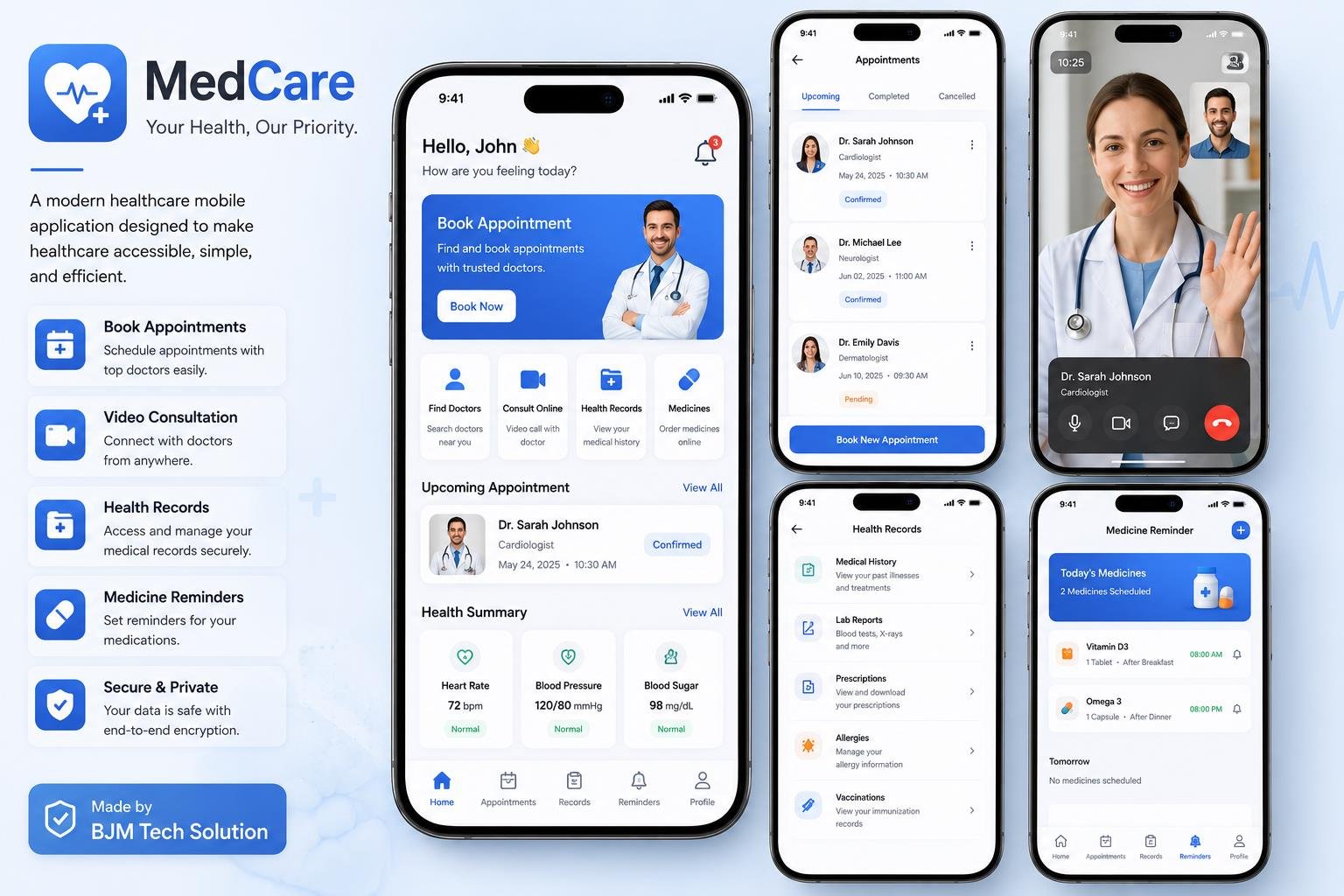 MedCare healthcare mobile app appointments and patient dashboard screenshot