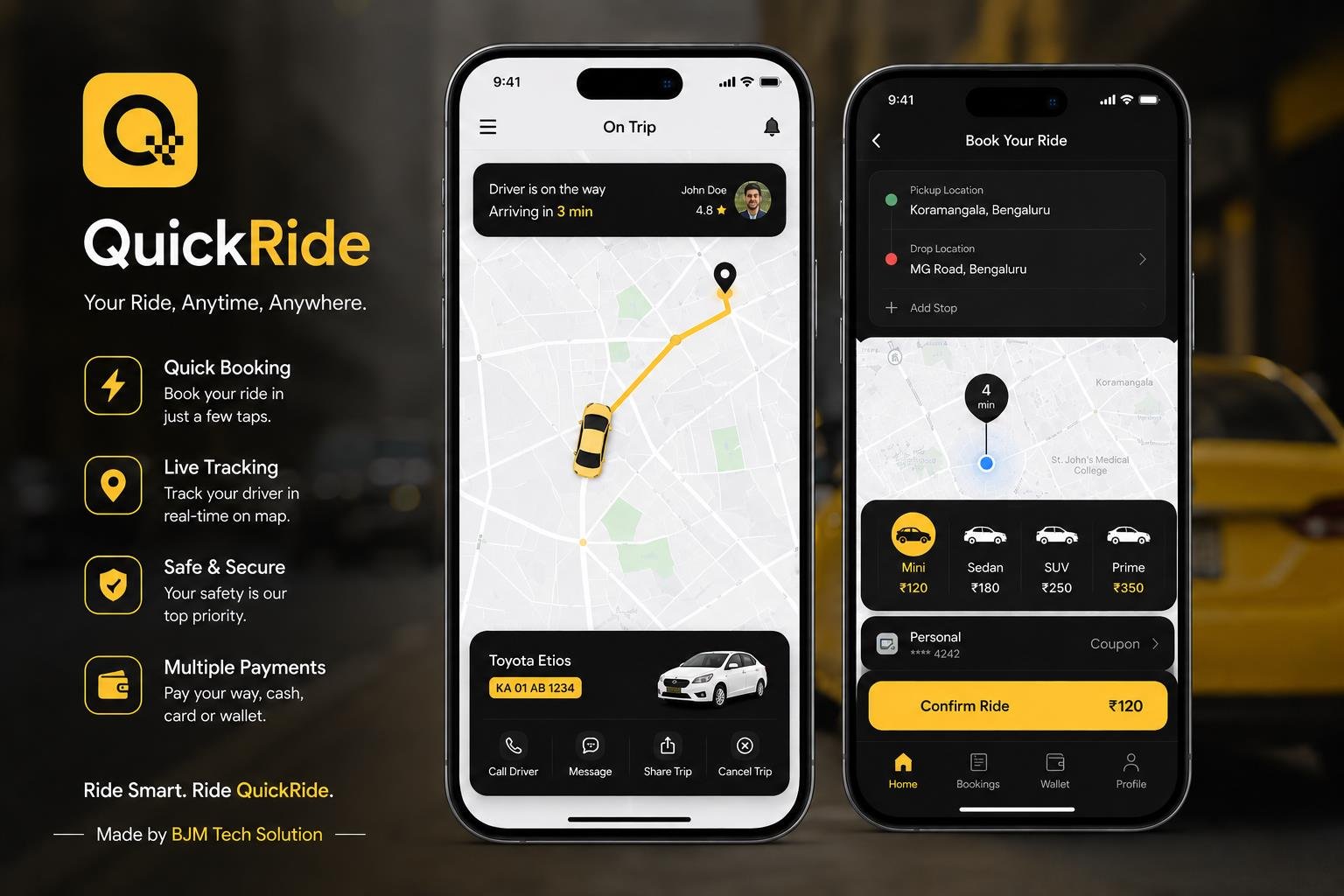 QuickRide taxi booking mobile app live map screenshot