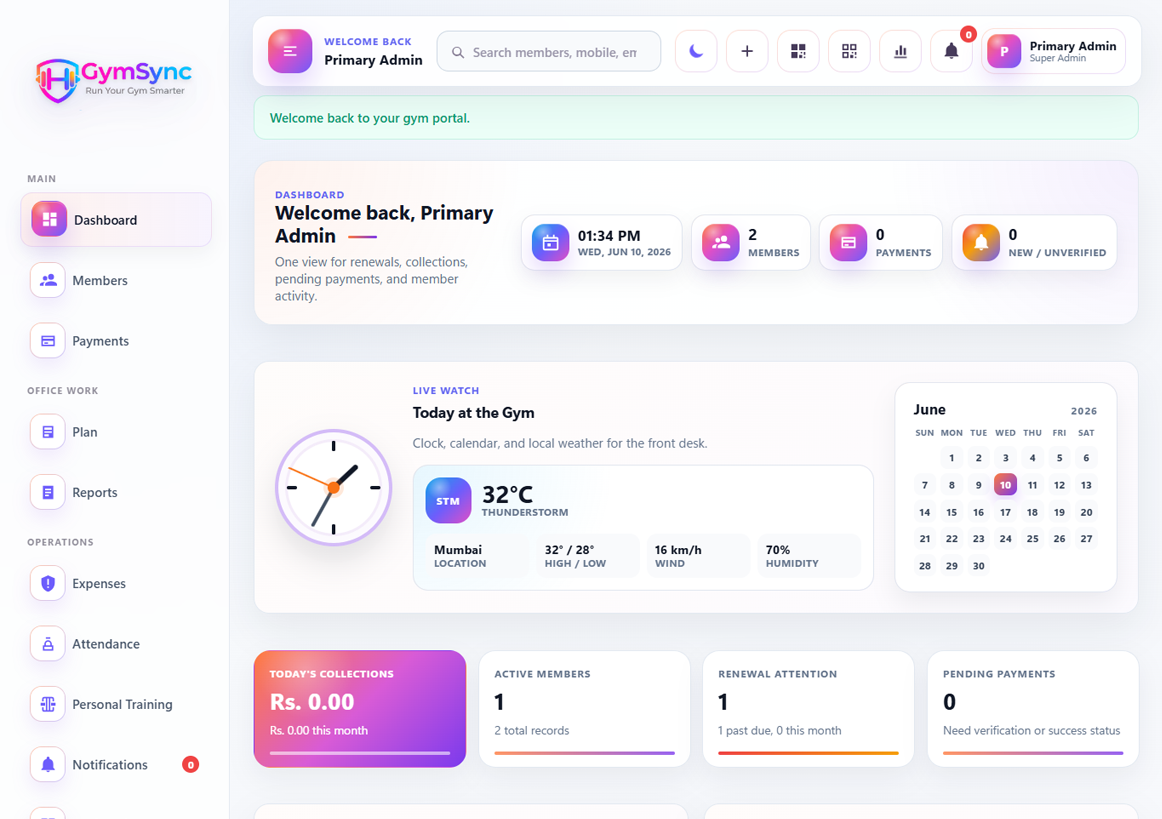 GymSync gym management dashboard